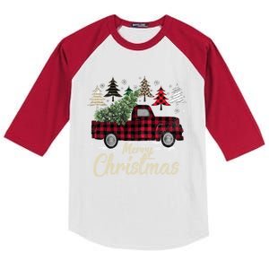 Xmas Trees Red Truck Buffalo Plaid Gift Kids Colorblock Raglan Jersey