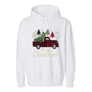 Xmas Trees Red Truck Buffalo Plaid Gift Garment-Dyed Fleece Hoodie