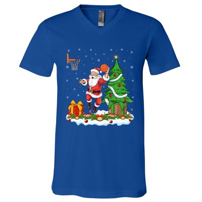 Xmas Tree Santa Playing Basketball Christmas Gift V-Neck T-Shirt