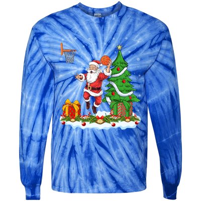 Xmas Tree Santa Playing Basketball Christmas Gift Tie-Dye Long Sleeve Shirt