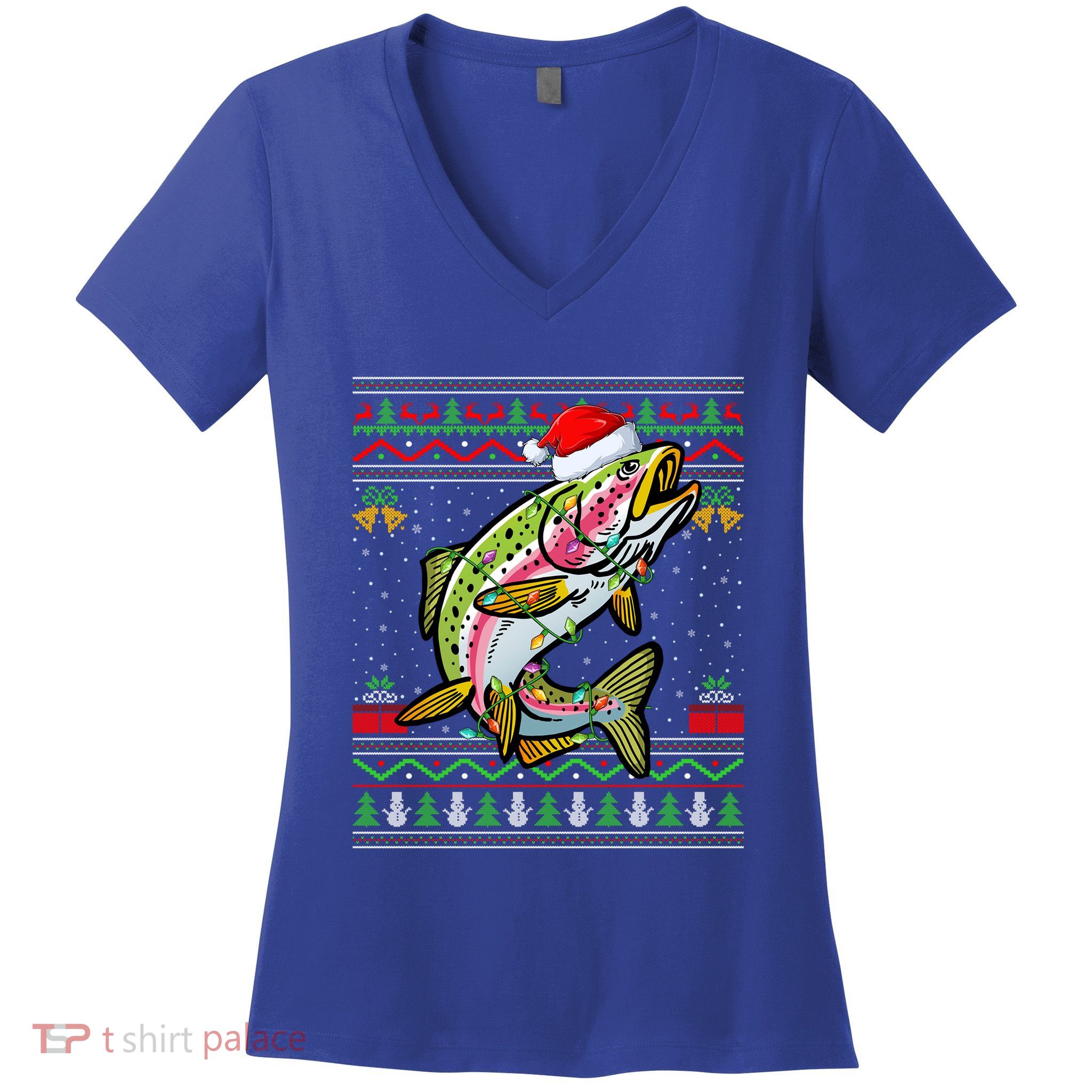 Xmas Ugly Sweater Style Santa Rainbow Trout Fish Christmas Meaningful Gift Women's V-Neck T-Shirt