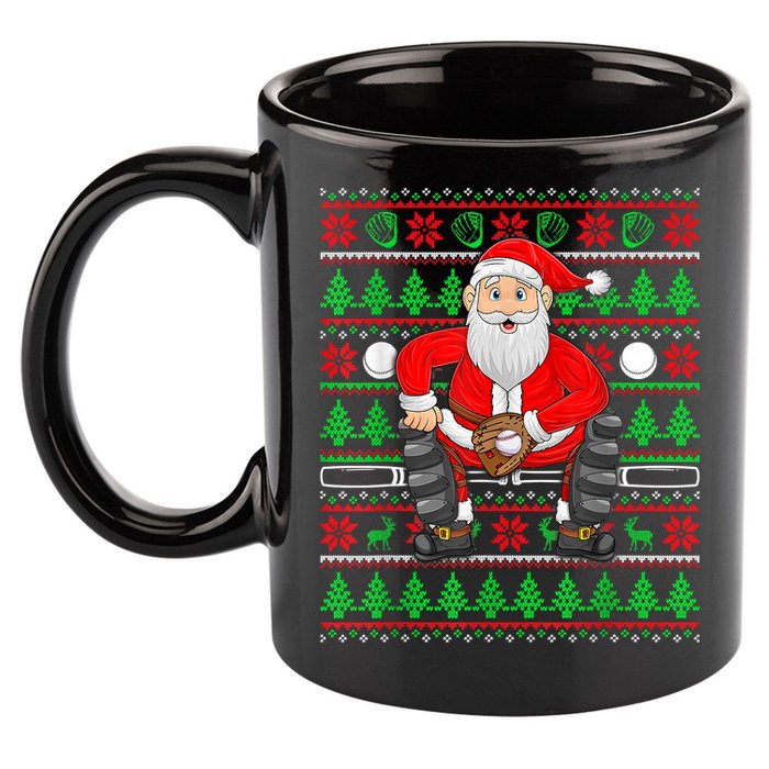 Xmas Ugly Sweater Style Santa Playing Baseball Christmas 11oz C Handle Ceramic Mug