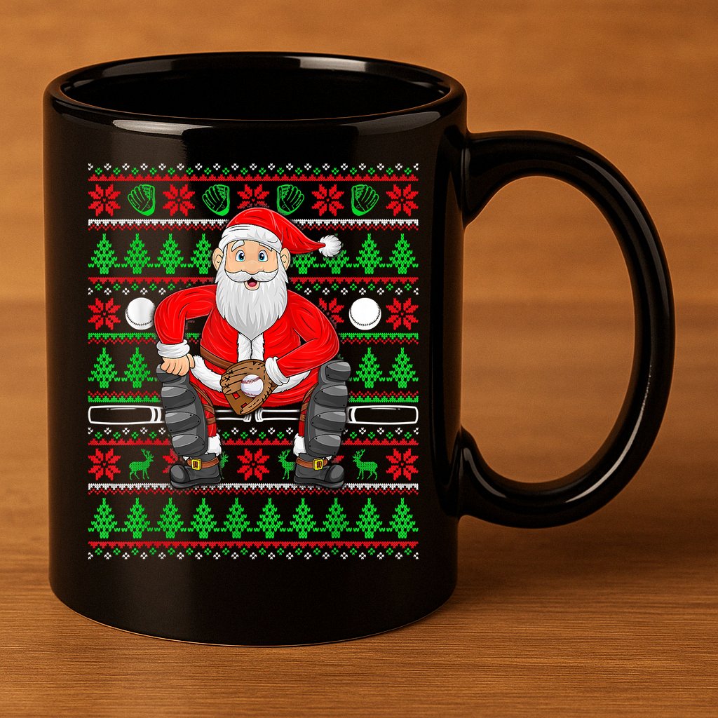 Xmas Ugly Sweater Style Santa Playing Baseball Christmas 11oz C Handle Ceramic Mug