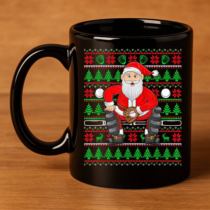 Xmas Ugly Sweater Style Santa Playing Baseball Christmas 11oz C Handle Ceramic Mug