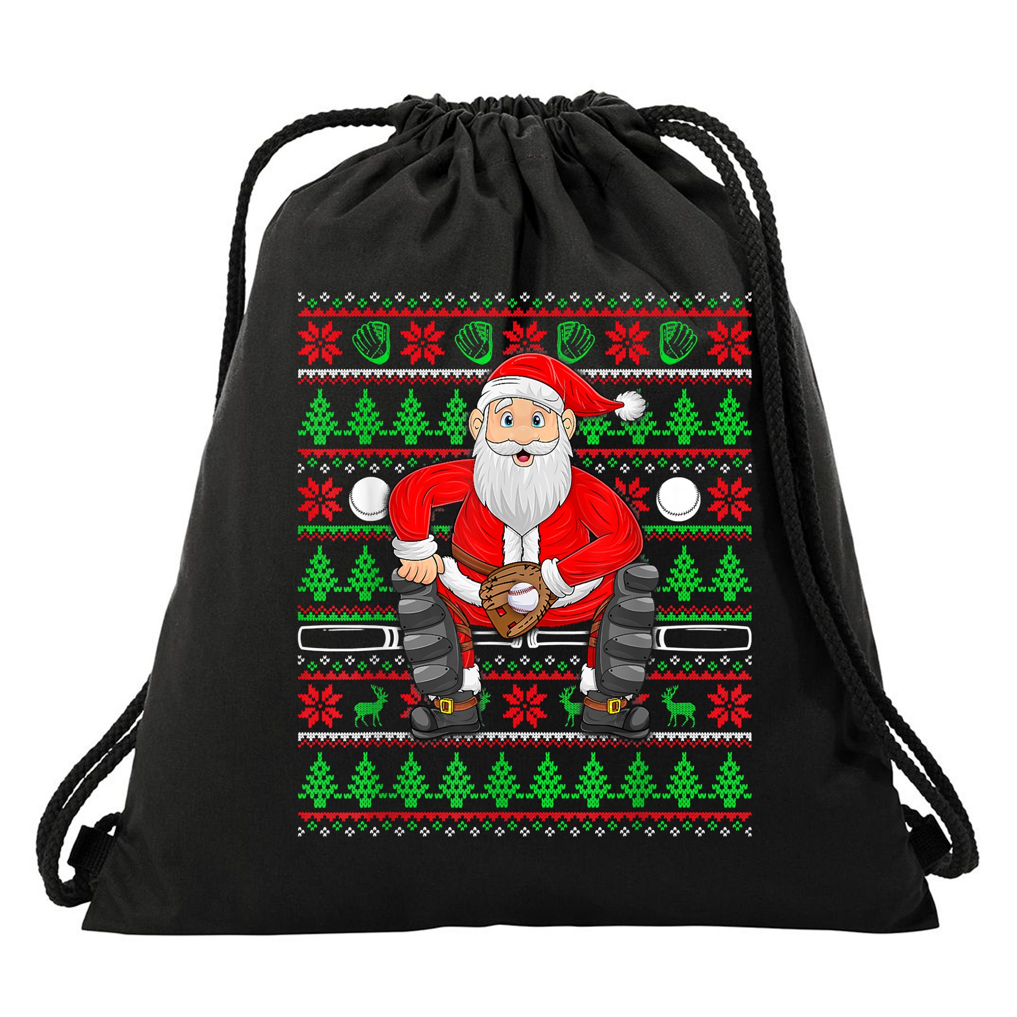 Xmas Ugly Sweater Style Santa Playing Baseball Christmas Drawstring Bag
