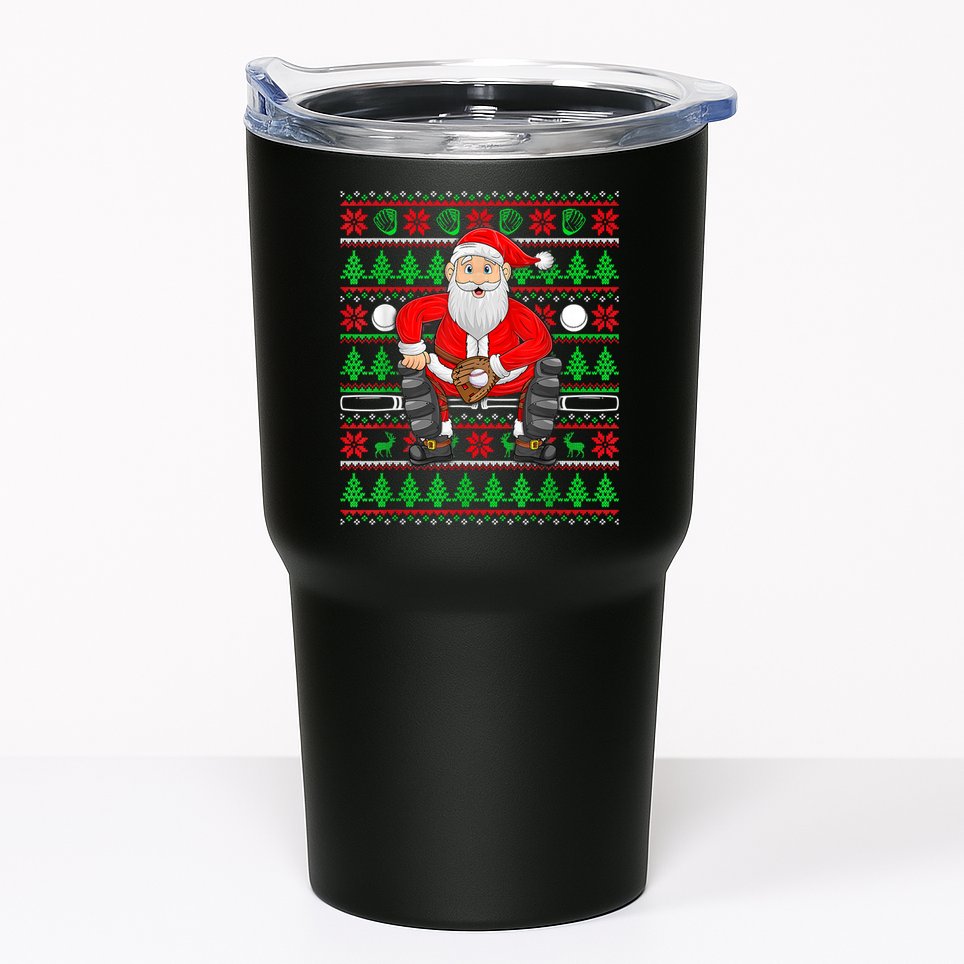 Xmas Ugly Sweater Style Santa Playing Baseball Christmas Tumbler