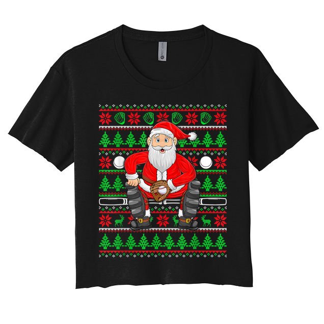 Xmas Ugly Sweater Style Santa Playing Baseball Christmas Crop Top
