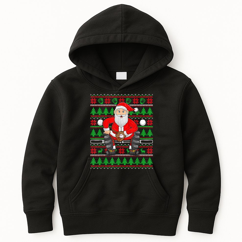 Xmas Ugly Sweater Style Santa Playing Baseball Christmas Kids Hoodie
