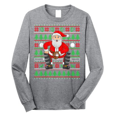 Xmas Ugly Sweater Style Santa Playing Baseball Christmas Long Sleeve Shirt