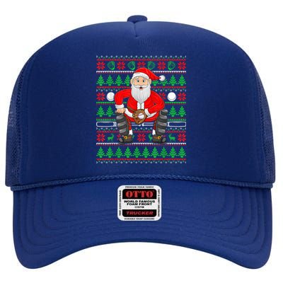 Xmas Ugly Sweater Style Santa Playing Baseball Christmas High Crown Mesh Back Trucker Hat