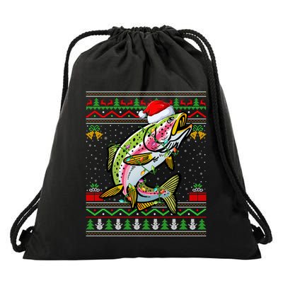 Xmas Ugly Style Santa Rainbow Trout Fish Christmas Gift Drawstring Bag