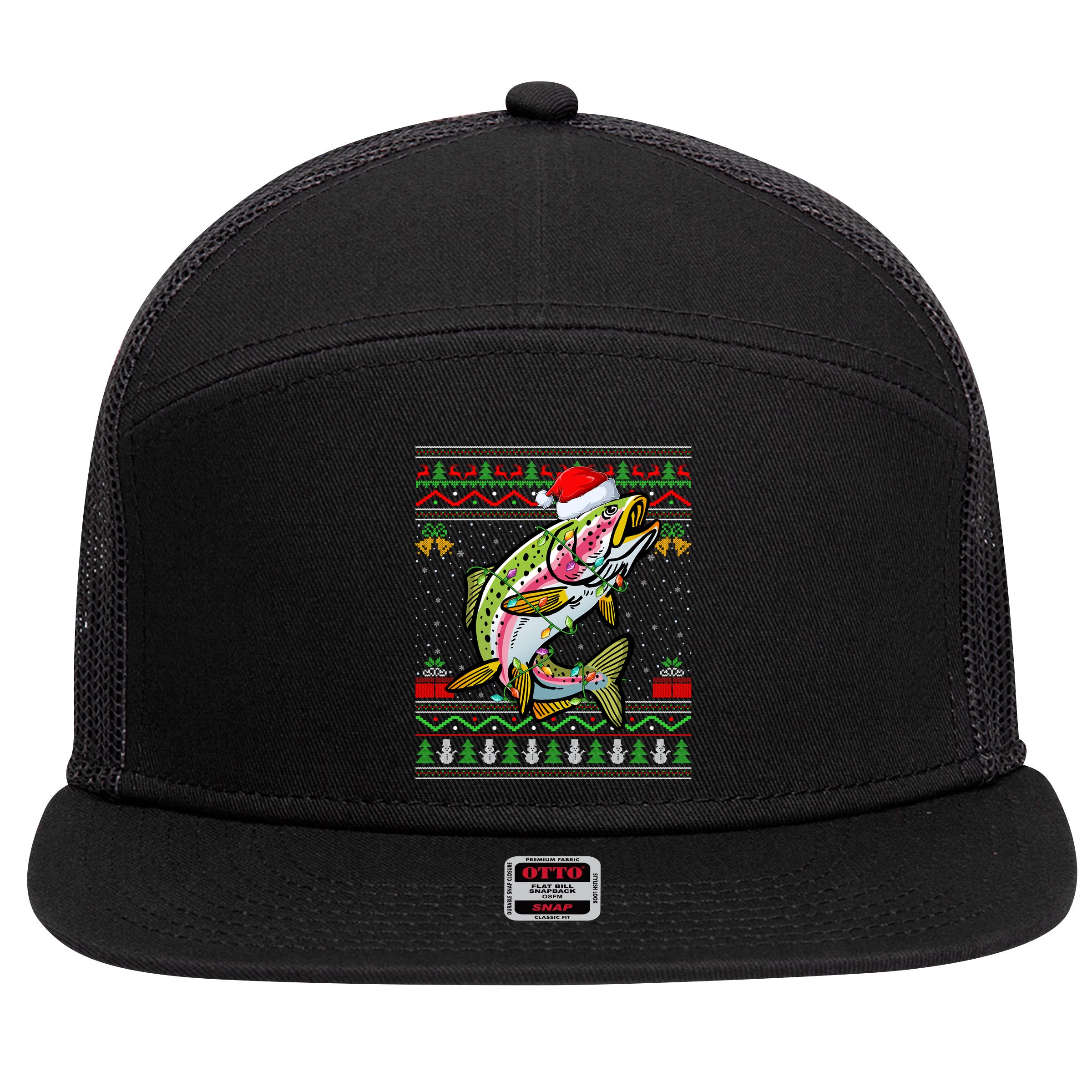 Xmas Ugly Sweater Style Santa Rainbow Trout Fish Christmas Meaningful Gift 7 Panel Mesh Trucker Snapback Hat