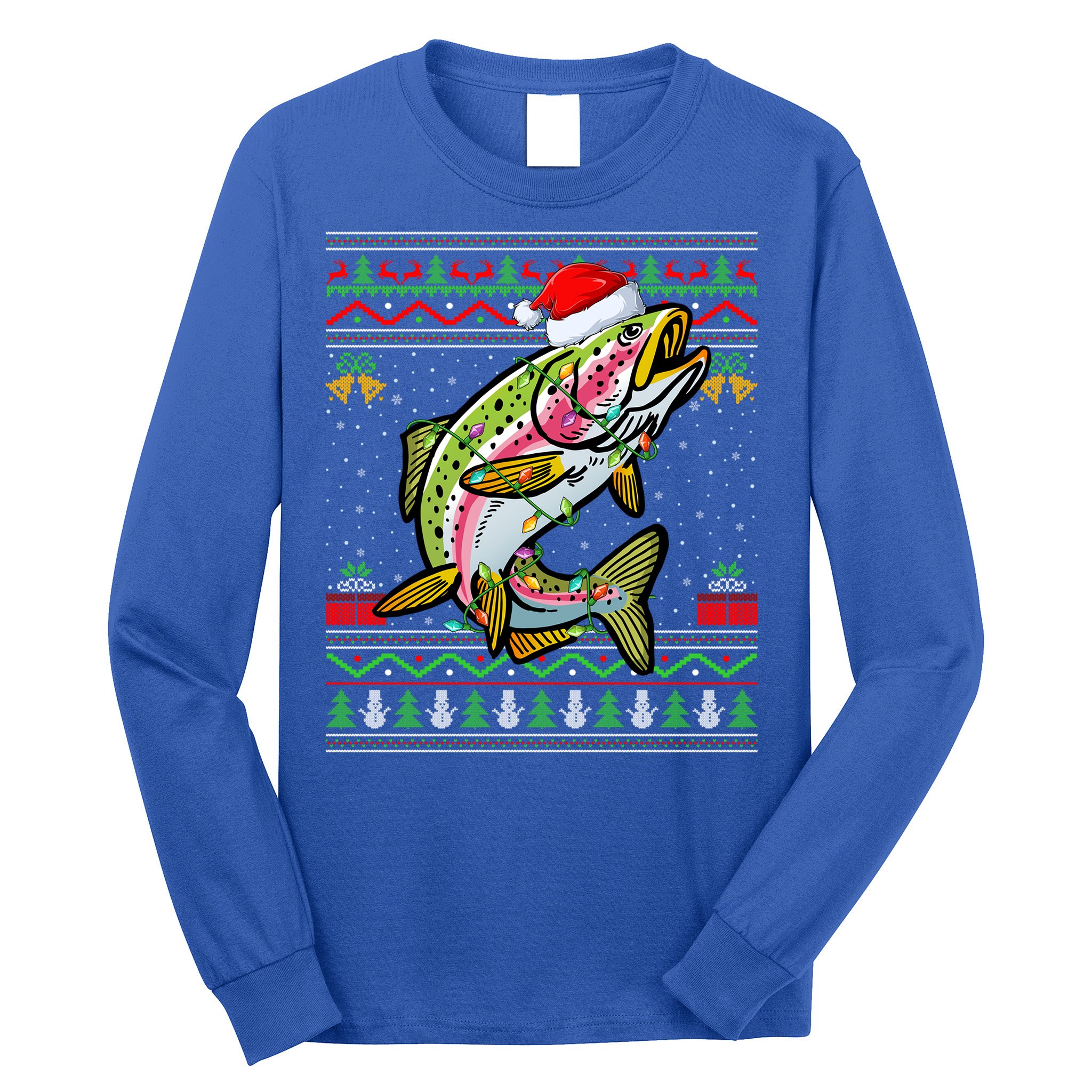 Xmas Ugly Sweater Style Santa Rainbow Trout Fish Christmas Meaningful Gift Long Sleeve Shirt