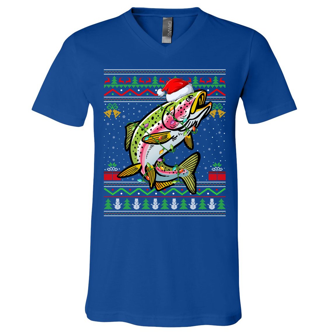 Xmas Ugly Sweater Style Santa Rainbow Trout Fish Christmas Meaningful Gift V-Neck T-Shirt