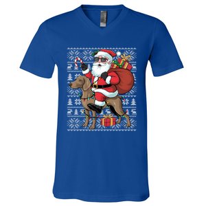 Xmas Ugly Santa Riding Rhodesian Ridgeback Dog Christmas Gift V-Neck T-Shirt