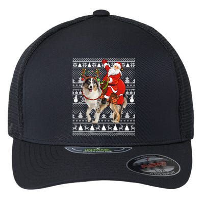 Xmas Ugly Santa Riding Australian Shepherd Dog Christmas Funny Gift Flexfit Unipanel Trucker Cap