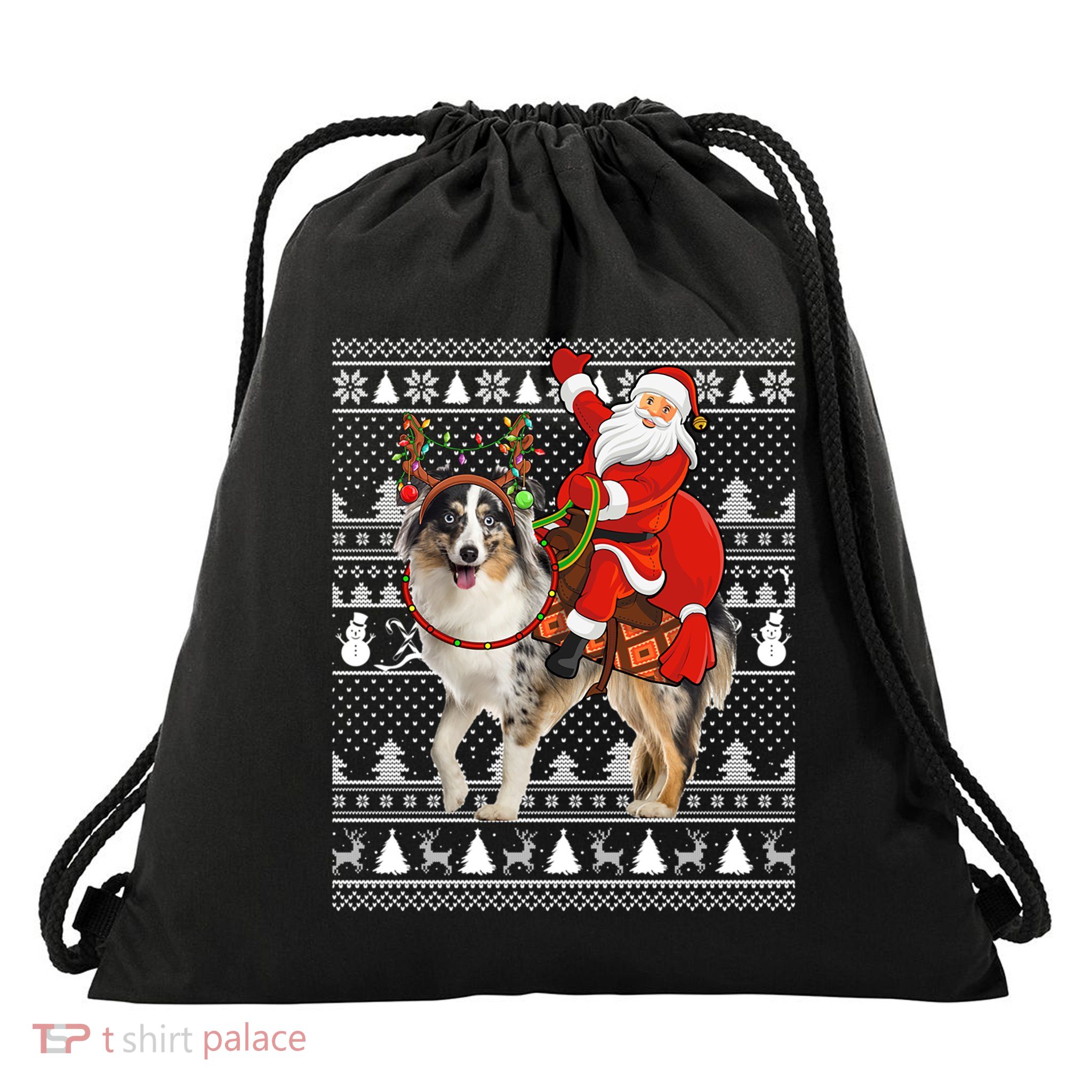 Xmas Ugly Santa Riding Australian Shepherd Dog Christmas Funny Gift Drawstring Bag