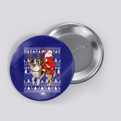 Xmas Ugly Santa Riding Australian Shepherd Dog Christmas Funny Gift Button