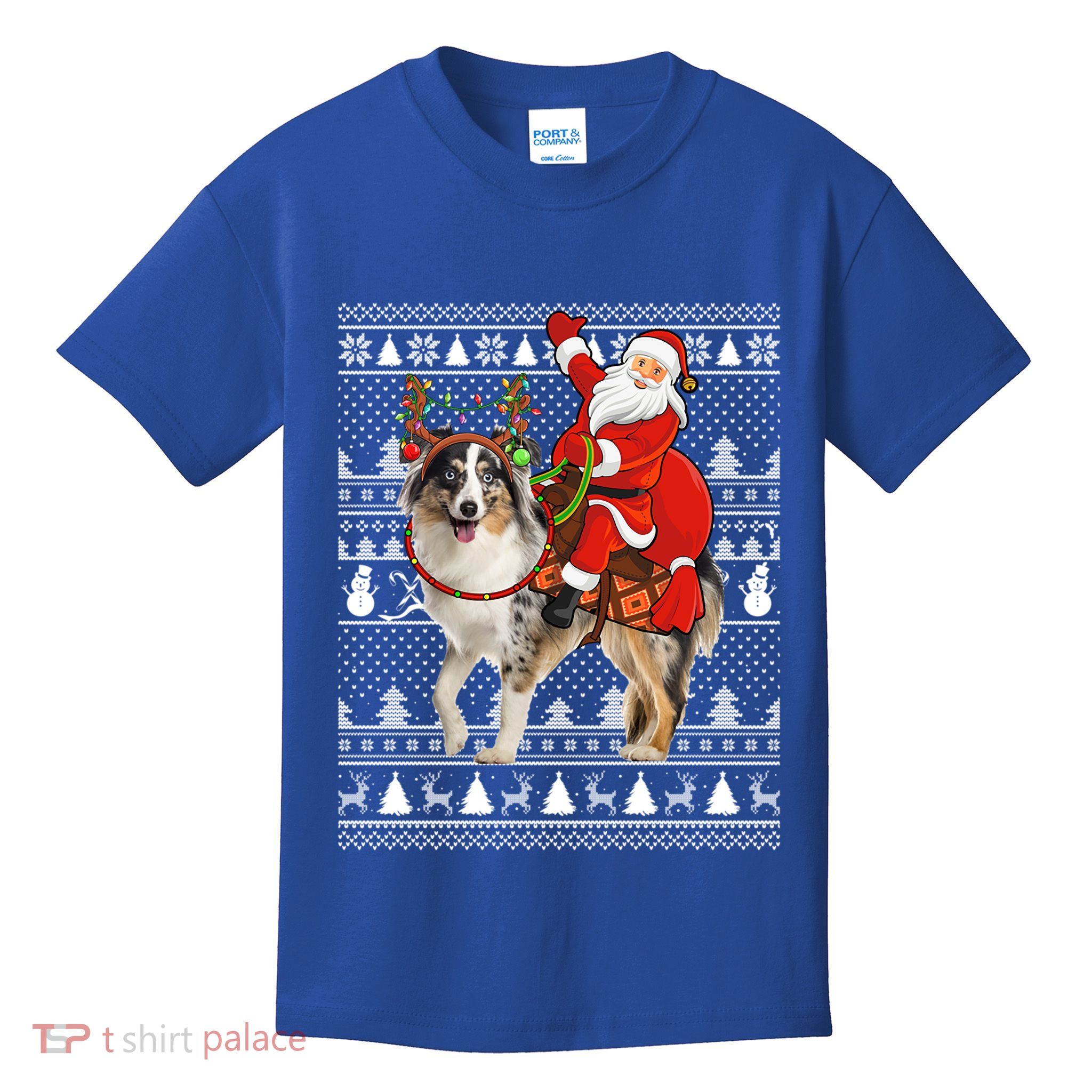 Xmas Ugly Santa Riding Australian Shepherd Dog Christmas Funny Gift Kids T-Shirt