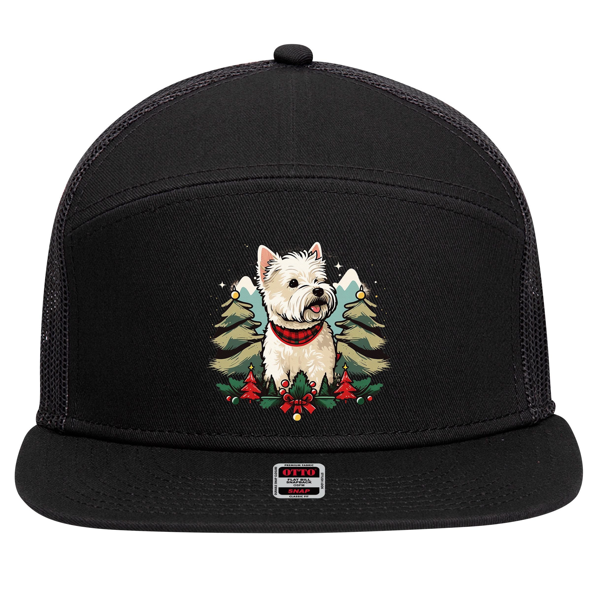 Xmas West Highland White Terrier Santa on Christmas Westie 7 Panel Mesh Trucker Snapback Hat
