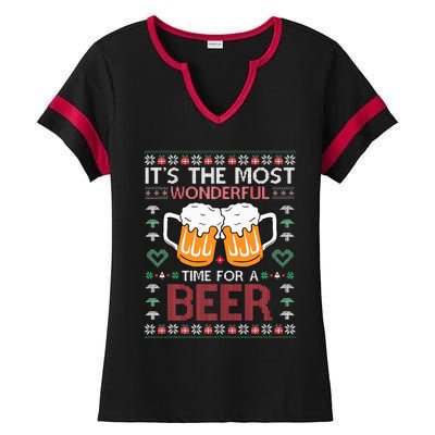 Xmas Wonderful Time For A Beer Ugly Christmas Sweaters Ladies Halftime Notch Neck Tee