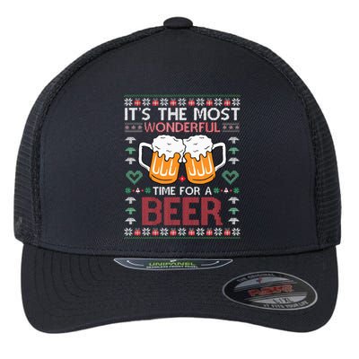 Xmas Wonderful Time For A Beer Ugly Christmas Sweaters Flexfit Unipanel Trucker Cap