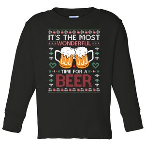 Xmas Wonderful Time For A Beer Ugly Christmas Sweaters Toddler Long Sleeve Shirt