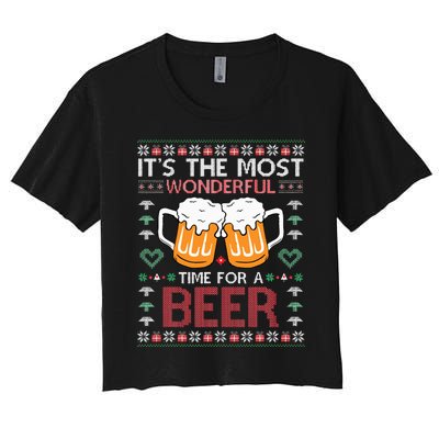 Xmas Wonderful Time For A Beer Ugly Christmas Sweaters Women's Crop Top Tee