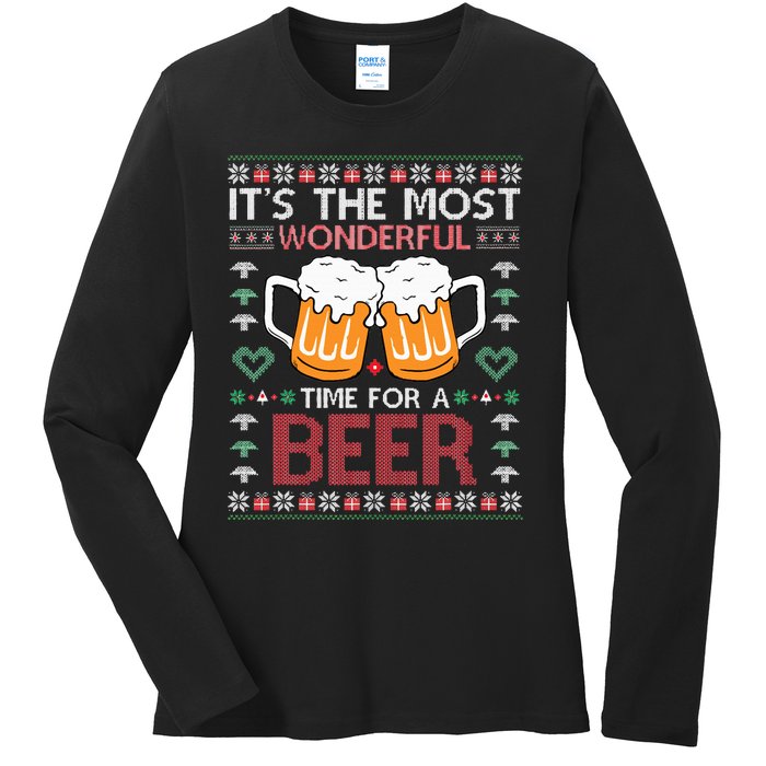 Xmas Wonderful Time For A Beer Ugly Christmas Sweaters Ladies Long Sleeve Shirt