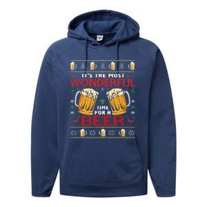 Xmas Wonderful Time For A Beer Ugly Christmas Sweaters  Performance Fleece Hoodie