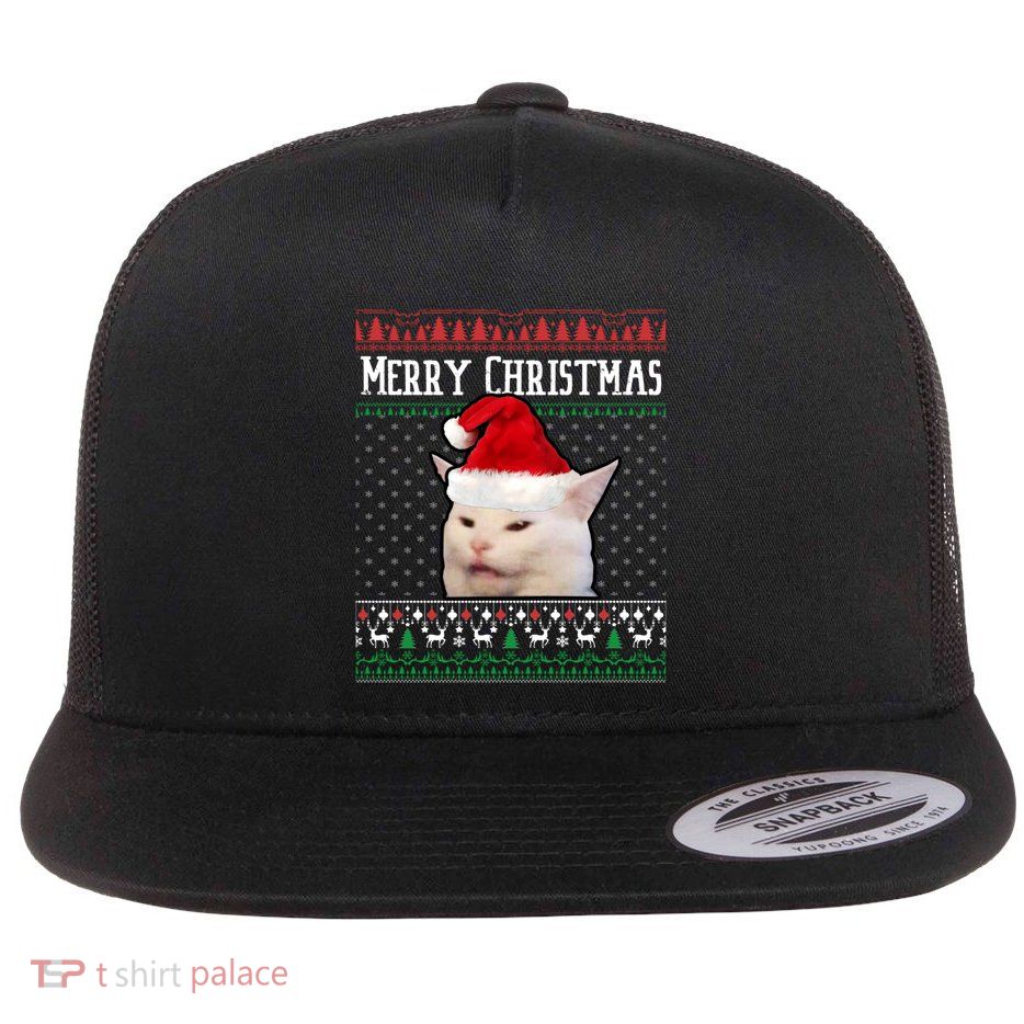 Yelling At A Smudge Cat Ugly Christmas Meme Great Gift Flat Bill Trucker Hat