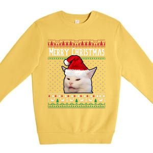 Yelling At A Smudge Cat Ugly Christmas Sweater Meme Cute Gift Premium Crewneck Sweatshirt