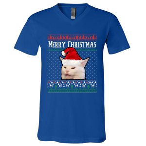 Yelling At A Smudge Cat Ugly Christmas Sweater Meme Cute Gift V-Neck T-Shirt