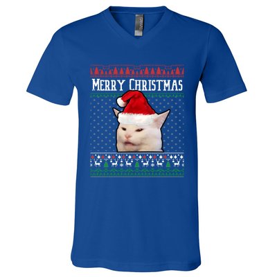 Yelling At A Smudge Cat Ugly Christmas Sweater Meme Cute Gift V-Neck T-Shirt