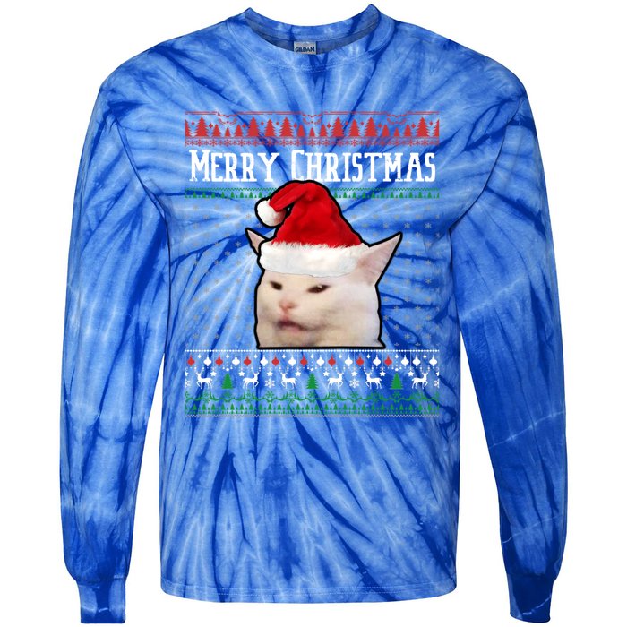 Yelling At A Smudge Cat Ugly Christmas Sweater Meme Cute Gift Tie-Dye Long Sleeve Shirt