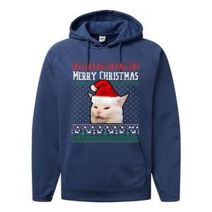 Yelling At A Smudge Cat Ugly Christmas Sweater Meme Cute Gift Performance Fleece Hoodie