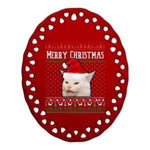 Yelling At A Smudge Cat Ugly Christmas Sweater Meme Cute Gift Ceramic Oval Ornament