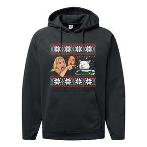 Yelling At Cat Ugly Christmas Sweater Funny Meme Gift Performance Fleece Hoodie