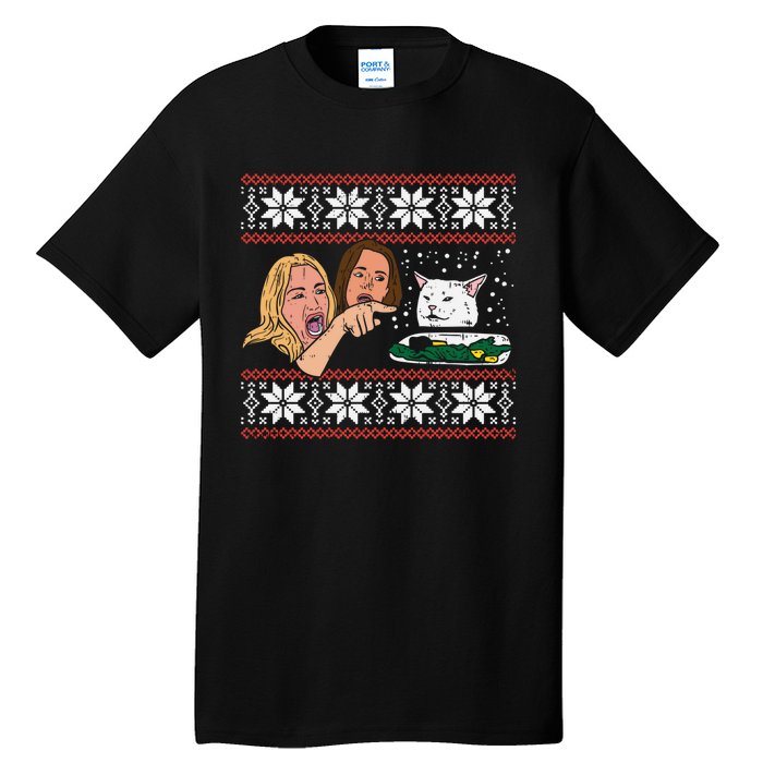 Yelling At Cat Ugly Christmas Sweater Funny Meme Gift Tall T-Shirt