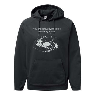 You Are Here Paying Taxes And Living In Fear Performance Fleece Hoodie