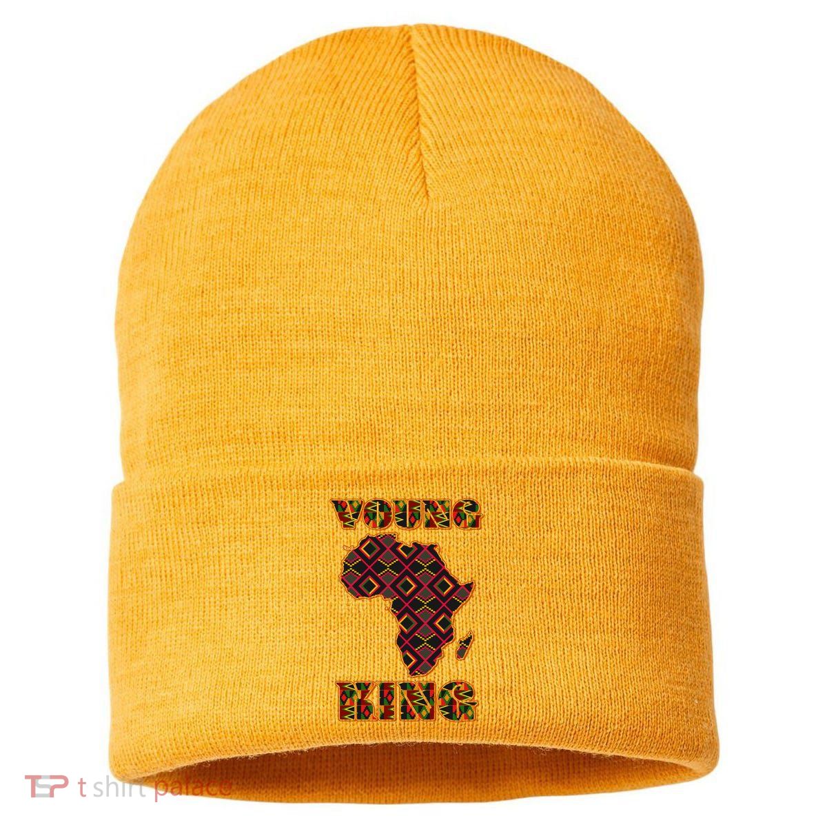 Young African King African Cloth Pattern Celebrating Black History Sustainable Knit Beanie
