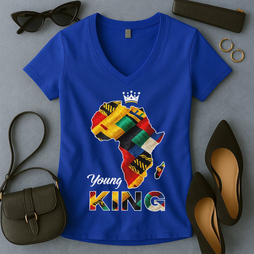 Young African King Map Kente Women's V-Neck T-Shirt