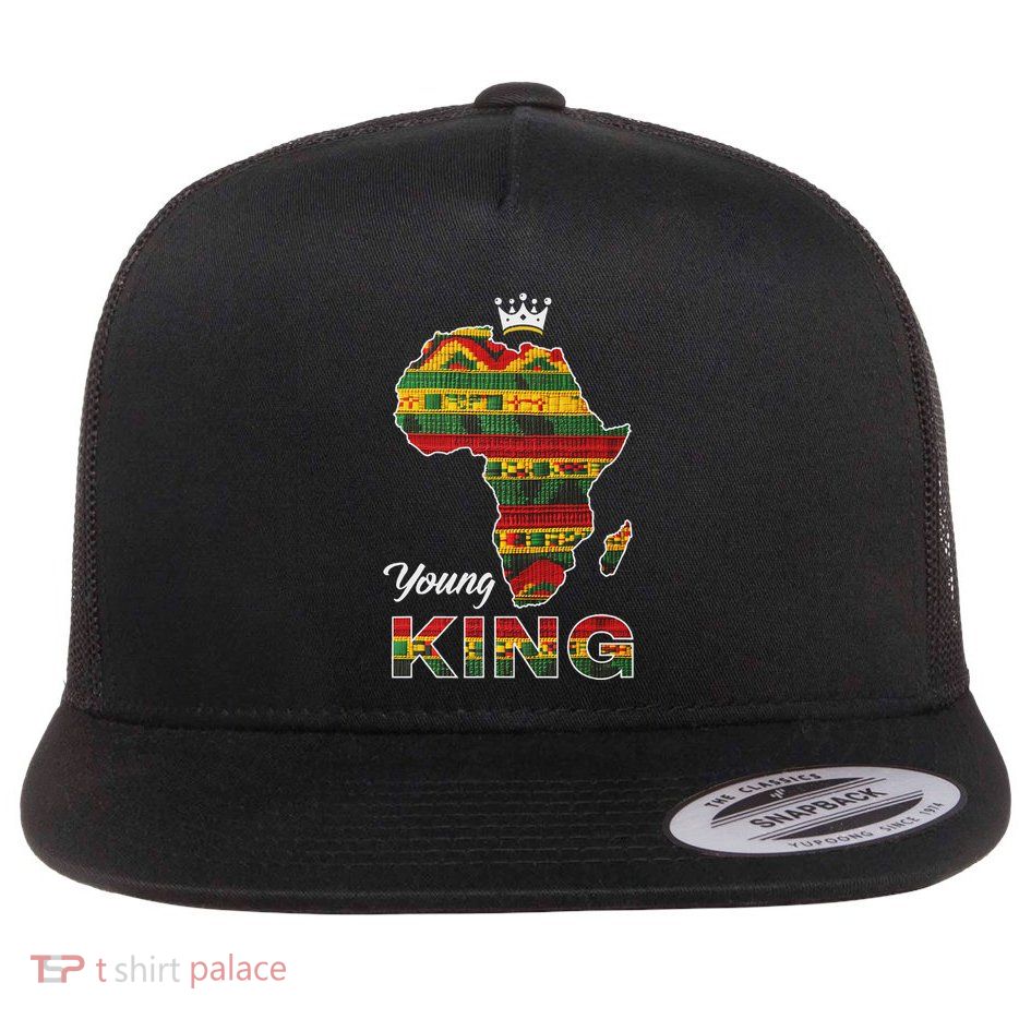 Young African King Map Kente Art Boy Black History Month Flat Bill Trucker Hat
