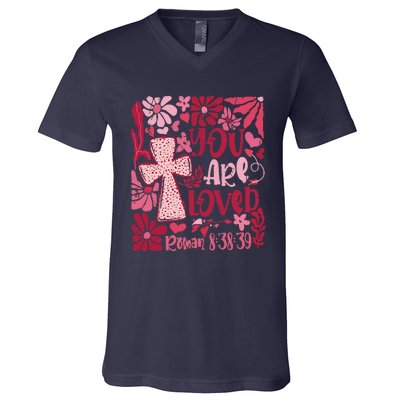 You Are Loved Boho Valentine Flower Jesus Christian V-Neck T-Shirt