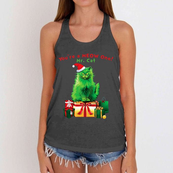 YouRe A Meow One Mr. Cat Christmas Holiday Women's Knotted Racerback Tank