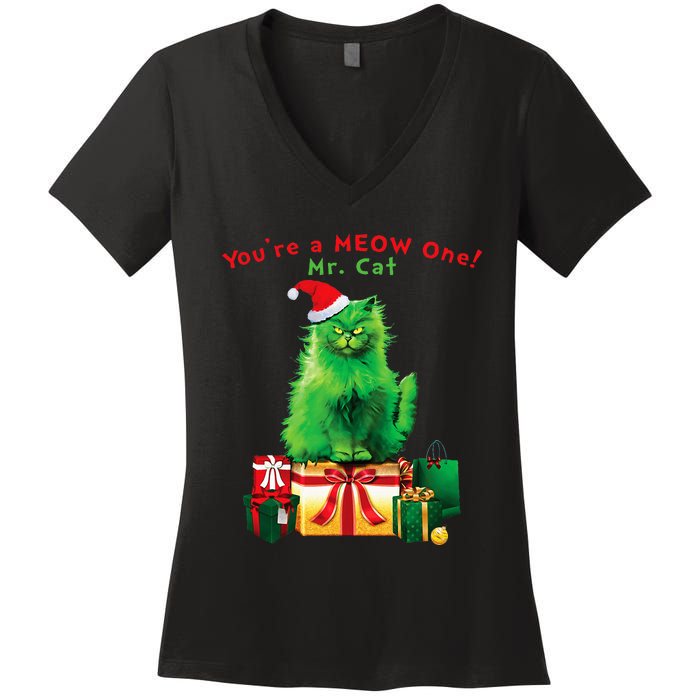 YouRe A Meow One Mr. Cat Christmas Holiday Women's V-Neck T-Shirt