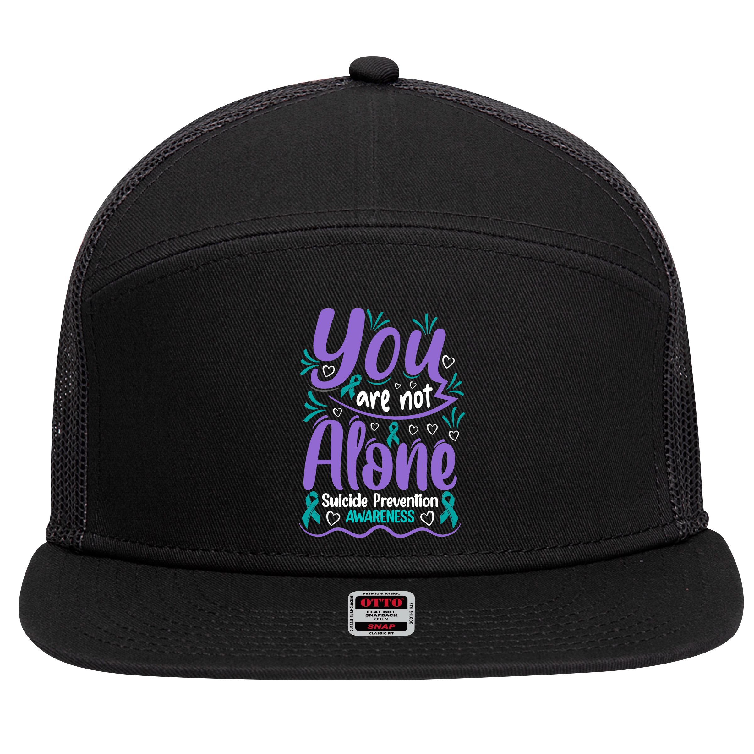 You Are Not Alone Suicide Prevention Awareness 7 Panel Mesh Trucker Snapback Hat