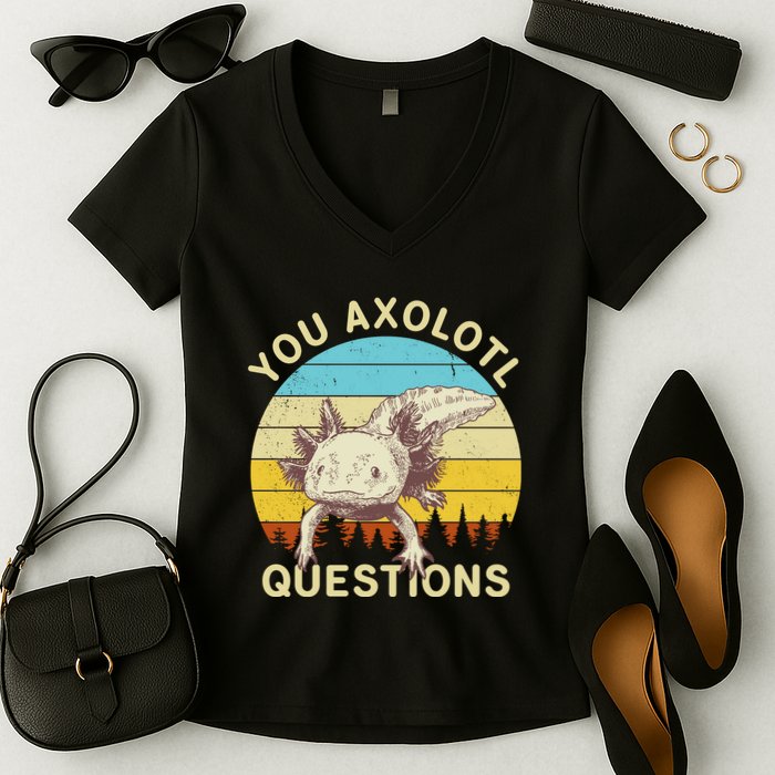You Axolotl Questions Retro Funny Reptile Women's V-Neck T-Shirt