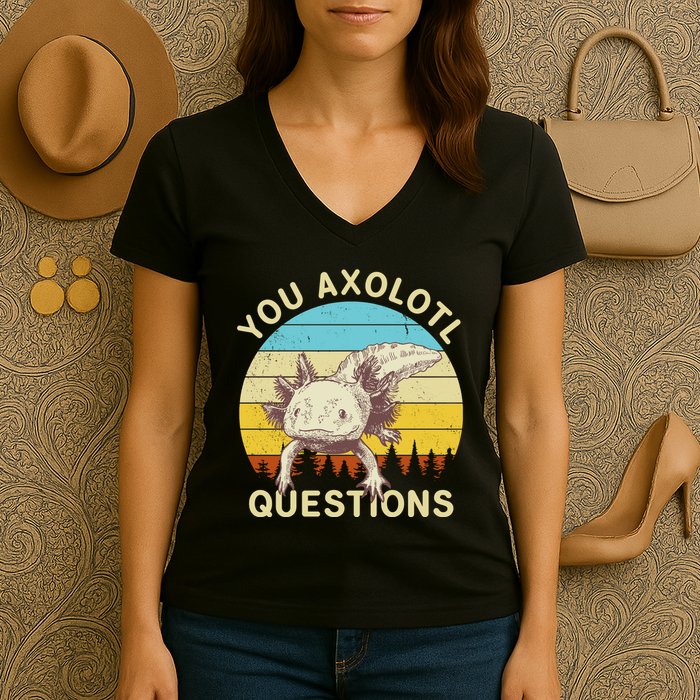 You Axolotl Questions Retro Funny Reptile Women's V-Neck T-Shirt