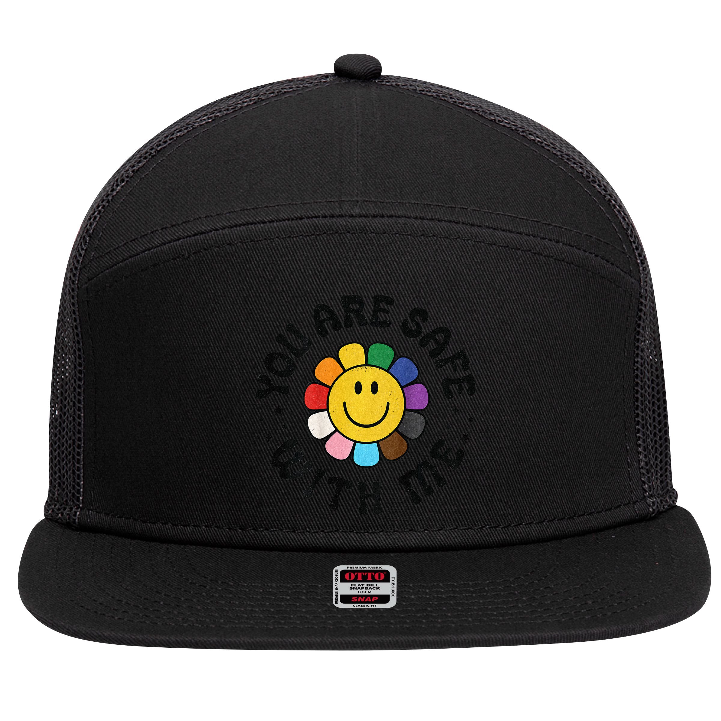 You Are Safe With Me Lgbtq Pride Ally Smile Face Back 7 Panel Mesh Trucker Snapback Hat